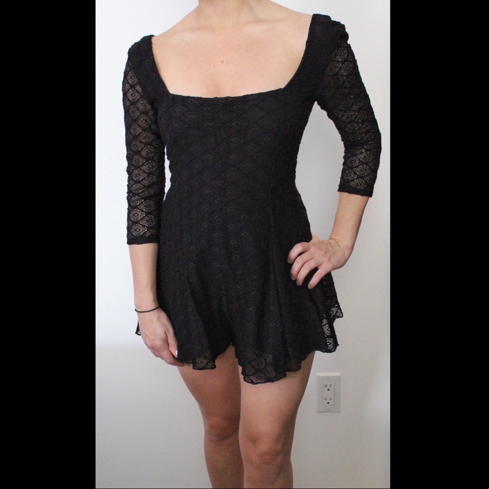 Black crochet lined backless romper